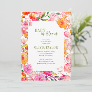 Pink Orange Watercolor Flowers Baby Bloom Shower Invitation