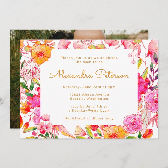Pink Orange Watercolor Flowers Baby Shower Photo Invitation (Front/Back)