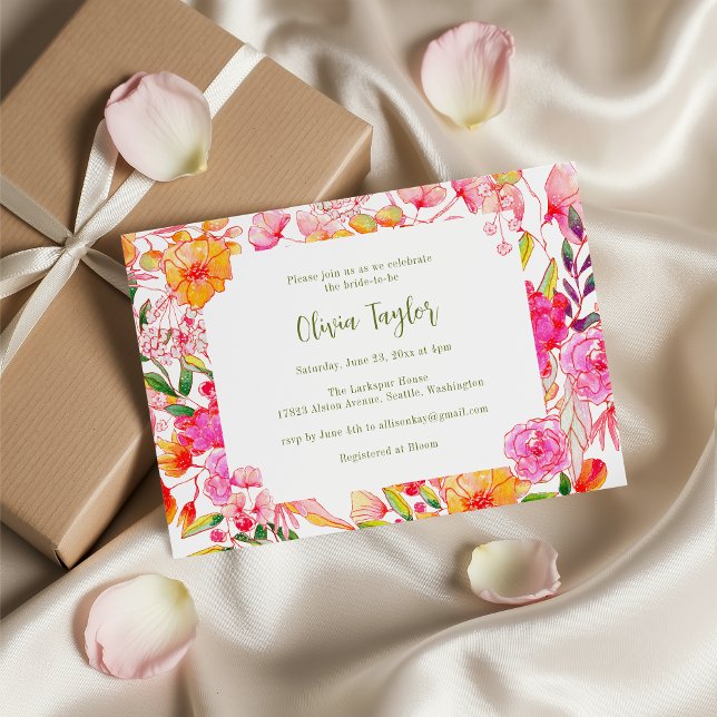 Pink Orange Watercolor Flowers Chic Bridal Shower Invitation (Creator Uploaded)
