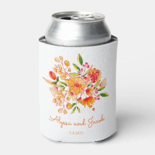 Pink Orange Watercolor Flowers Custom Wedding  Can Cooler
