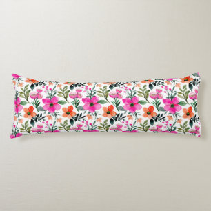 Pink Orange Watercolor Flowers Green Leaves White Body Cushion