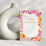 Pink Orange Watercolor Flowers Script Chic Wedding Invitation<br><div class="desc">Custom Pink and Orange Watercolor Flowers Script Typography Wedding Vertical Invitation</div>