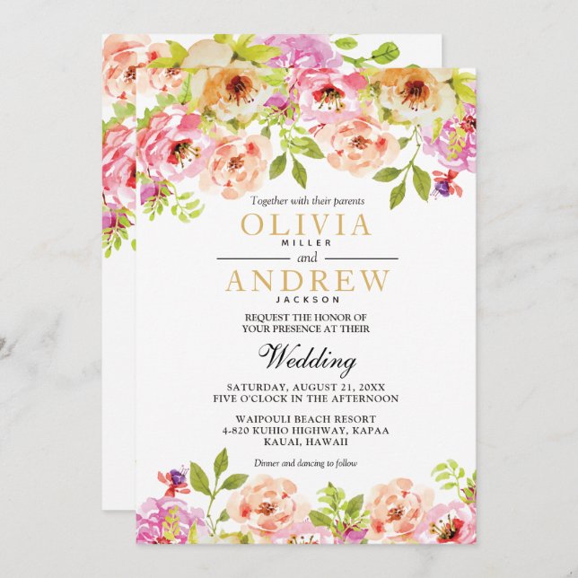 Pink Orange Watercolor Frame Flowers | Wedding Invitation (Front/Back)