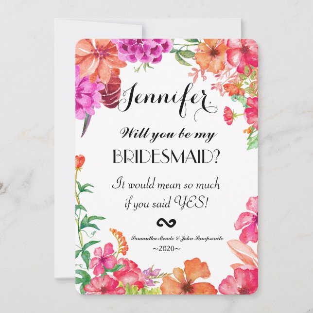 Pink Orange Watercolor Garden Bridesmaids Invites (Front)