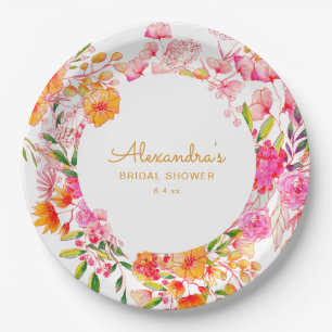 Pink Orange Watercolor Wildflowers Bridal Shower Paper Plate
