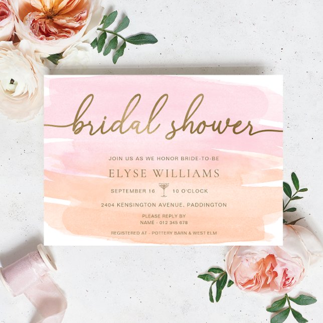 Pink Orange Watercolour Gold Bridal Shower Invitation (Bridal Shower Invitation Peach Pink Watercolour Gold )