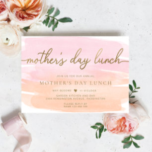 Pink Orange Watercolour Gold Mother's Day Lunch Invitation