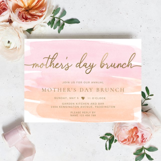 Pink Orange Watercolour Mother's Day Brunch Invitation (Mothers Day Brunch Invitation Orange Pink Watercolour Gold )