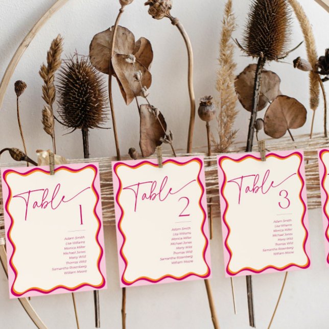 Pink Orange Wavy Border Seating Name Table Cards (Creator Uploaded)