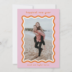 Pink & Orange Wavy Frame Happiest New Year Holiday Card