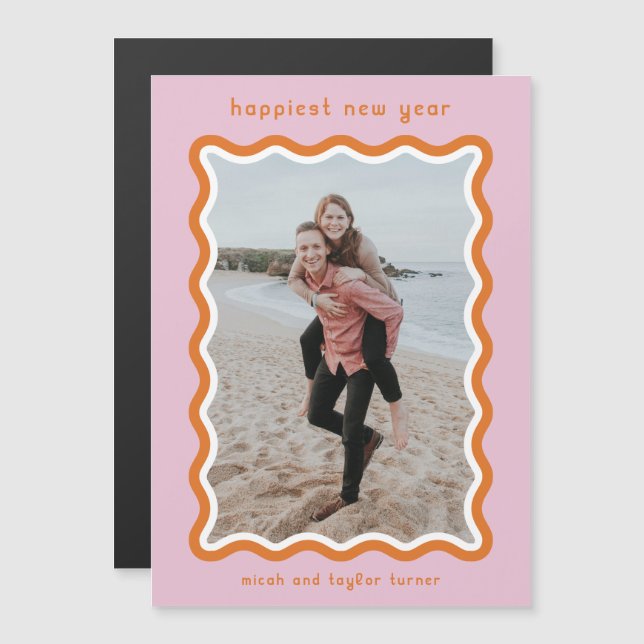 Pink & Orange Wavy Frame Happiest New Year Magnetic Invitation (Front/Back)