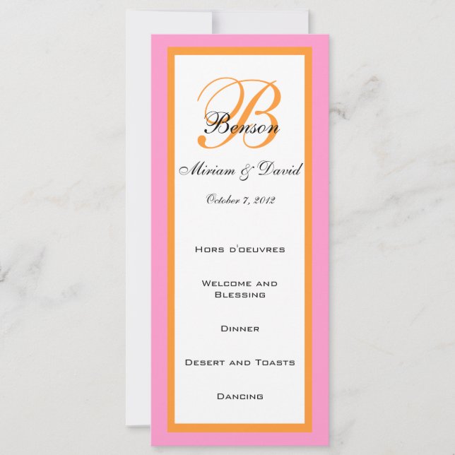 Pink Orange Wedding Menu Cards (Front)