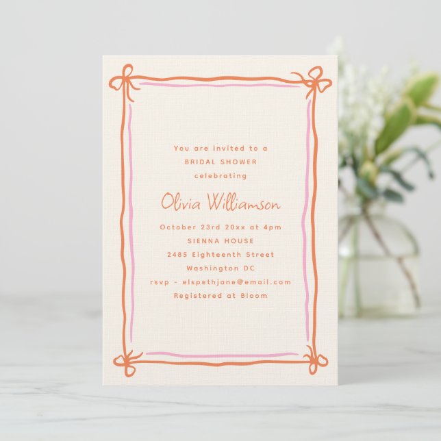 Pink Orange Whimsical Ribbon Bow Bridal Shower Invitation (Standing Front)