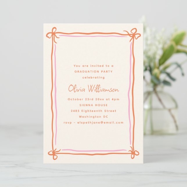Pink Orange Whimsical Ribbon Bow Graduation Party Invitation (Standing Front)