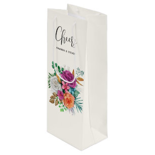 Pink, Orange & White Roses Bouquet Cheers Wine Gift Bag