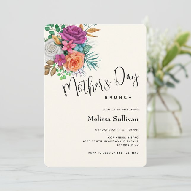 Pink, Orange & White Roses Bouquet Mother's Day Invitation (Standing Front)