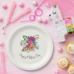 Pink, Orange & White Roses Floral Bouquet Paper Plate