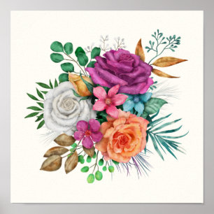 Pink, Orange & White Roses Floral Bouquet Poster