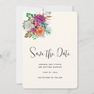 Pink, Orange & White Roses Floral Bouquet Save The Date