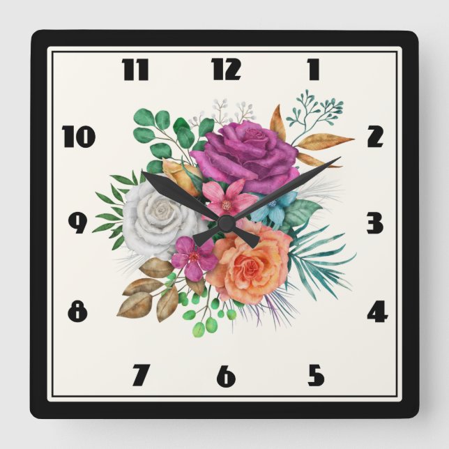 Pink, Orange & White Roses Floral Bouquet Square Wall Clock (Front)