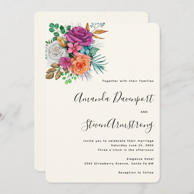 Pink, Orange & White Roses Floral Bouquet Wedding Invitation (Front/Back)