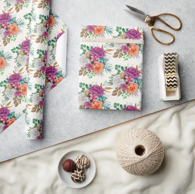 Pink, Orange & White Roses Floral Bouquet Wrapping Paper (Crafts)