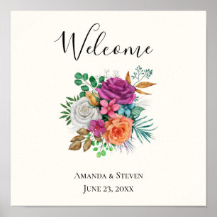 Pink, Orange & White Roses Floral Wedding Poster