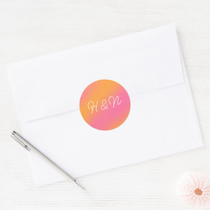 Pink Orange White Simple Script Monogram Classic Round Sticker