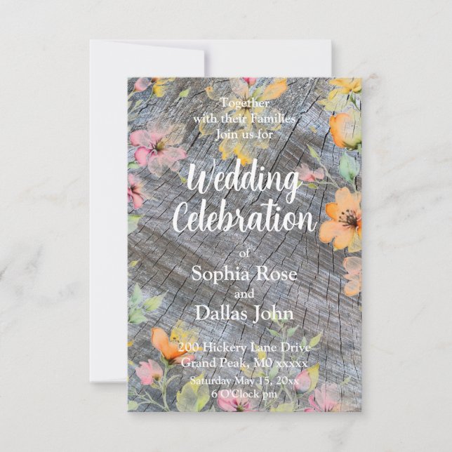 Pink orange wildflowers rustic wood pattern invitation (Front)