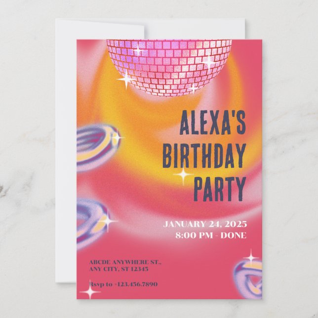 Pink orange y2k neon disco ball party invitation (Front)