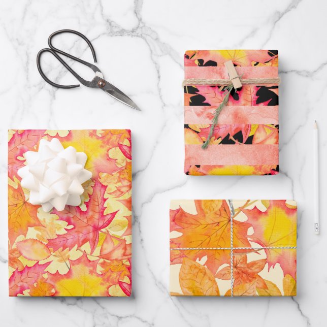 PINK ORANGE YELLOW AUTUMN LEAVES WRAPPING PAPER SHEET (Front)