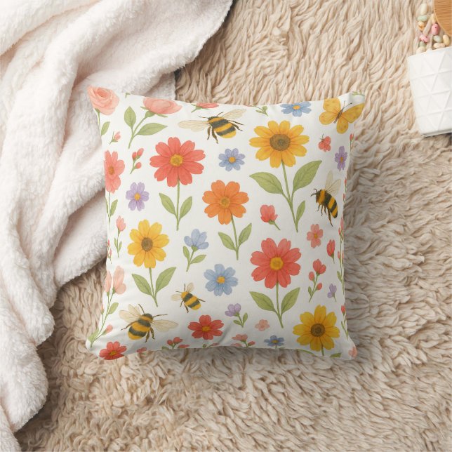 Pink Orange Yellow Floral and Bee Pattern  Cushion (Blanket)