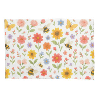 Pink Orange Yellow Floral and Bee Pattern  Pillowcase