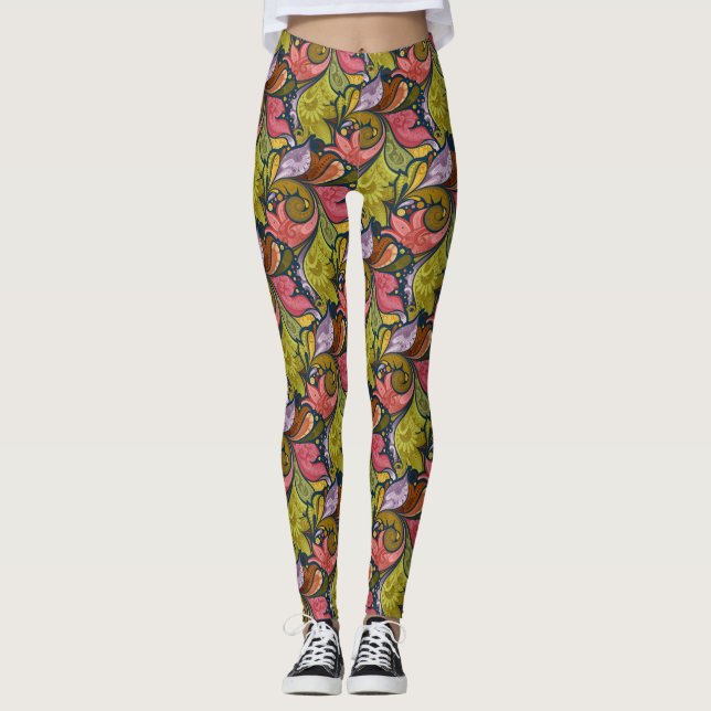 Pink Orange Yellow Green Purple Flowers And Swirl Leggings (Front)