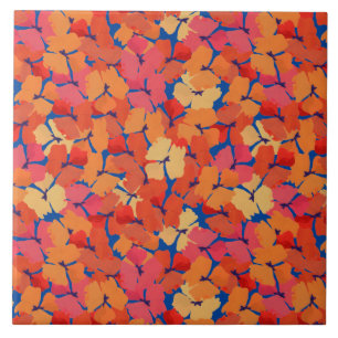 Pink Orange Yellow Poppies Floral Pattern on Blue Ceramic Tile