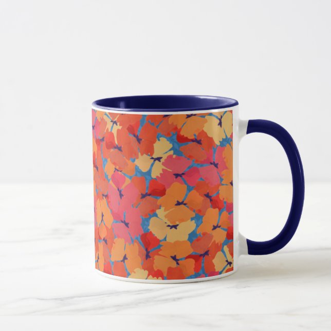 Pink Orange Yellow Poppies Pattern on Sky Blue Mug (Right)