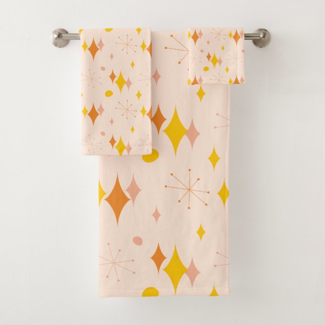 Pink, Orange, Yellow Starburst Mid Century Pattern Bath Towel Set (Insitu)