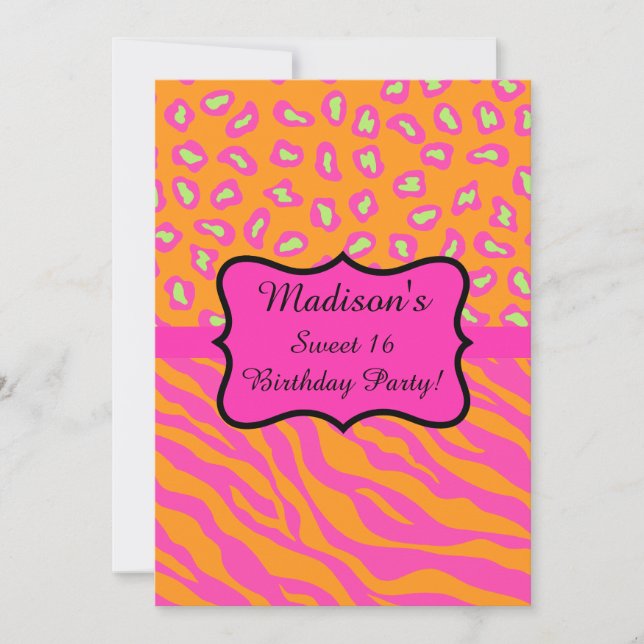 Pink Orange Zebra Leopard Sweet 16 Birthday Party Invitation (Front)