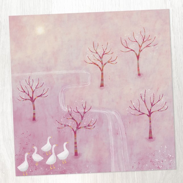 Pink Orchard with Geese Landscape Painting Card (Modern landscape painting of geese in an orchard in pink.  Contemporary art greetings card.)