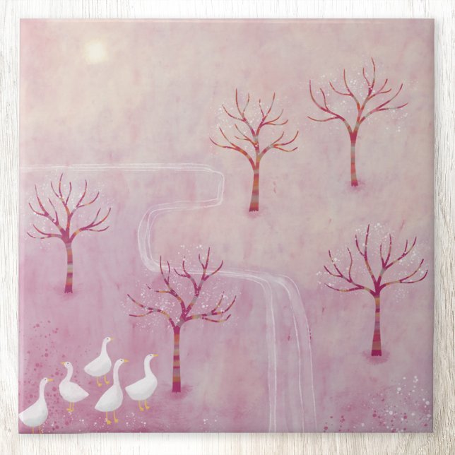 Pink Orchard with Geese Landscape Painting Ceramic Tile (Landscape orchard geese art ceramic tile
)