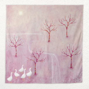 Pink Orchard with Geese Landscape Painting Tapestry