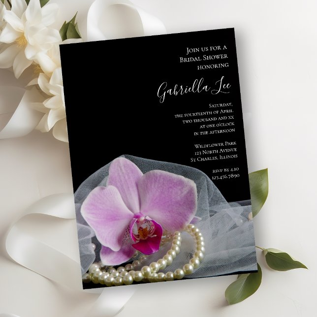 Pink Orchid and Pearls on Black Bridal Shower Invitation (Creator Uploaded)