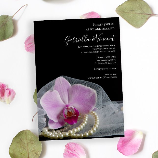 Pink Orchid and Pearls on Black Wedding Invitation (Invite guests to your marriage ceremony with the elegant Pink Orchid and Pearls Wedding Invitation.)