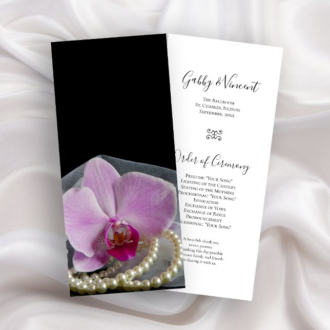 Pink Orchid and Pearls on Black Wedding Program (Creator Uploaded)
