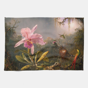 Pink Orchid and Three Hummingbirds Kitchen Towel