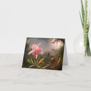 Pink Orchid and Three Hummingbirds Note Card