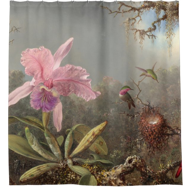 Pink Orchid And Three Hummingbirds Shower Curtain (Front)