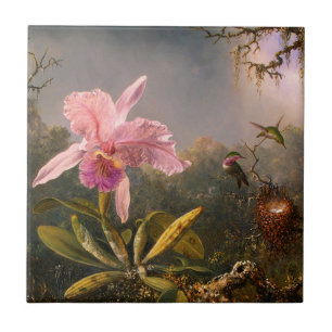 Pink Orchid and Three Hummingbirds Tile