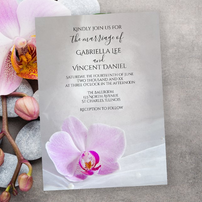 Pink Orchid and White Bridal Veil Wedding Invitation (Creator Uploaded)