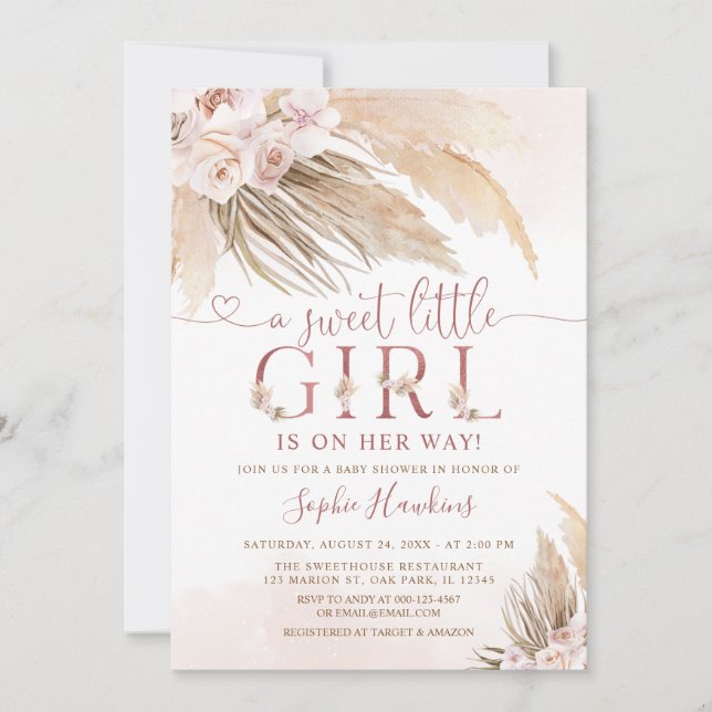 Pink Orchid Boho Pampas Grass Girl Baby Shower Invitation (Front)
